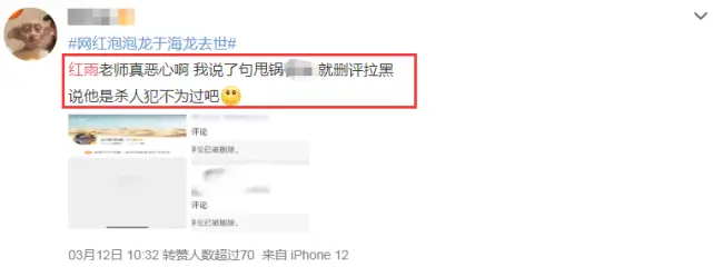 网红泡泡龙去世,红雨老师被质疑推卸责任,悄悄删除差评拉黑网友