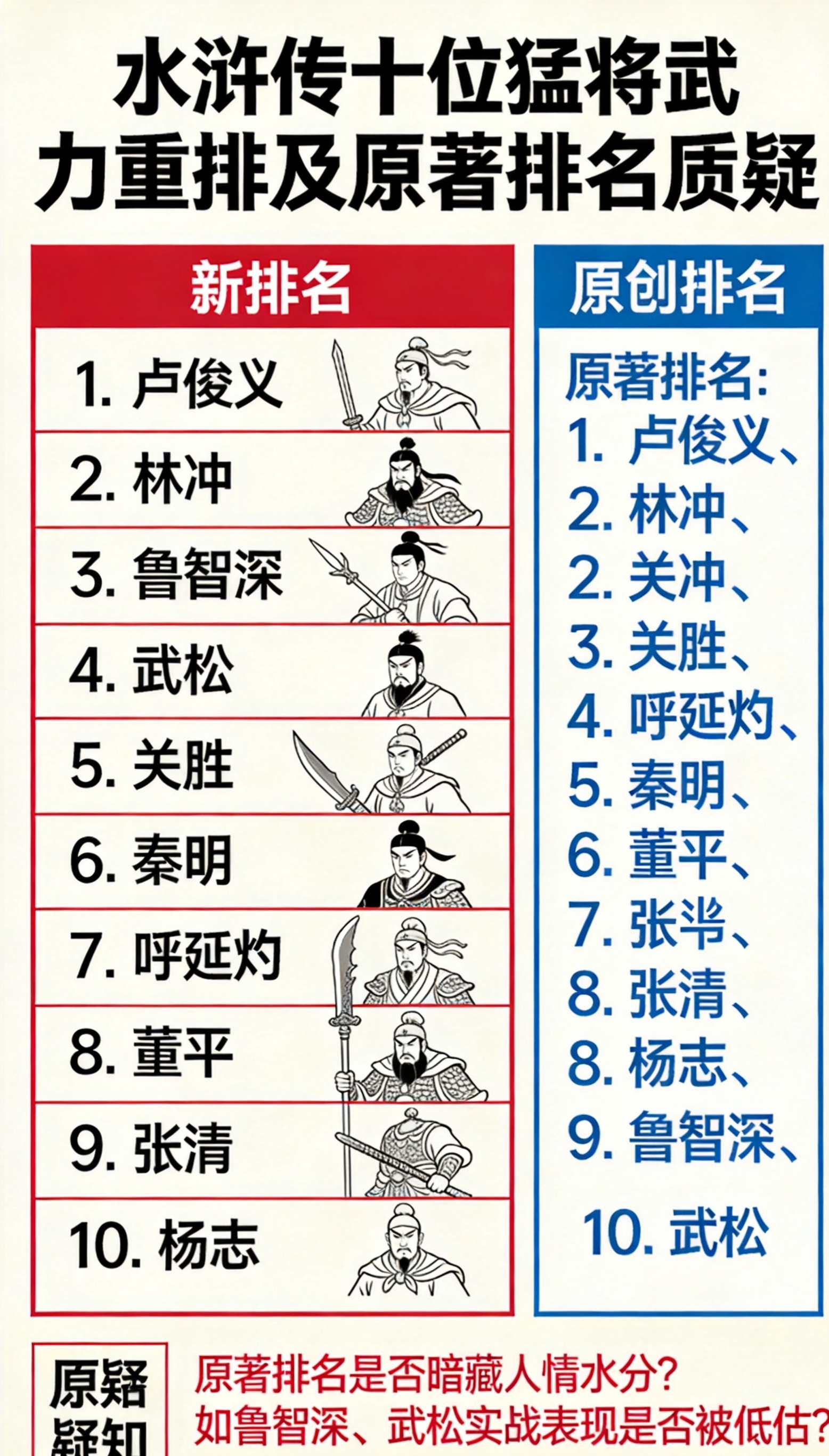 水浒传十位猛将武力排名重排,原著排名是否暗藏人情水分?