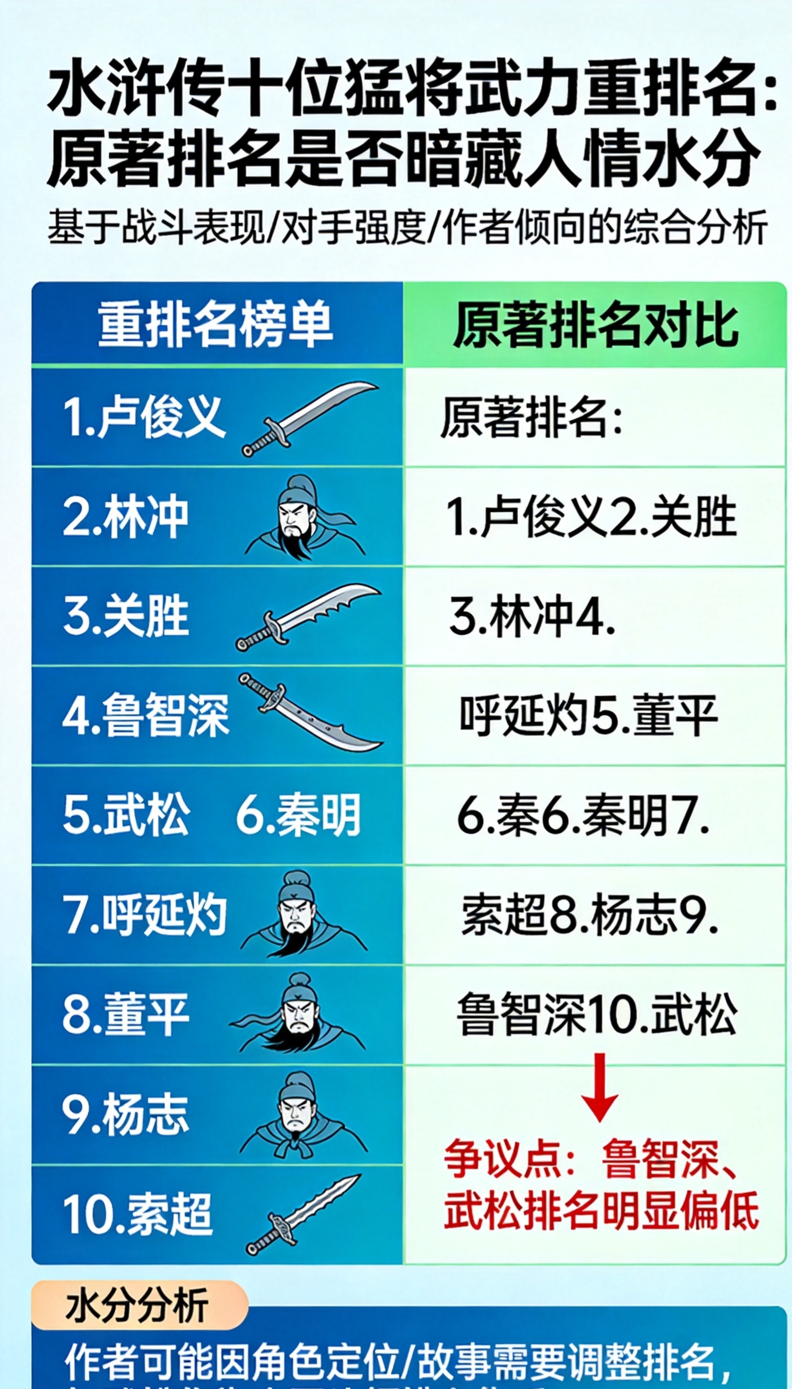 水浒传十位猛将武力排名重排,原著排名是否暗藏人情水分?
