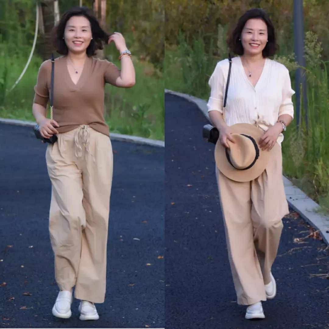 中年女人秋天就该这么穿：奶奶短衫+宽松长裤，洋气显瘦显气质