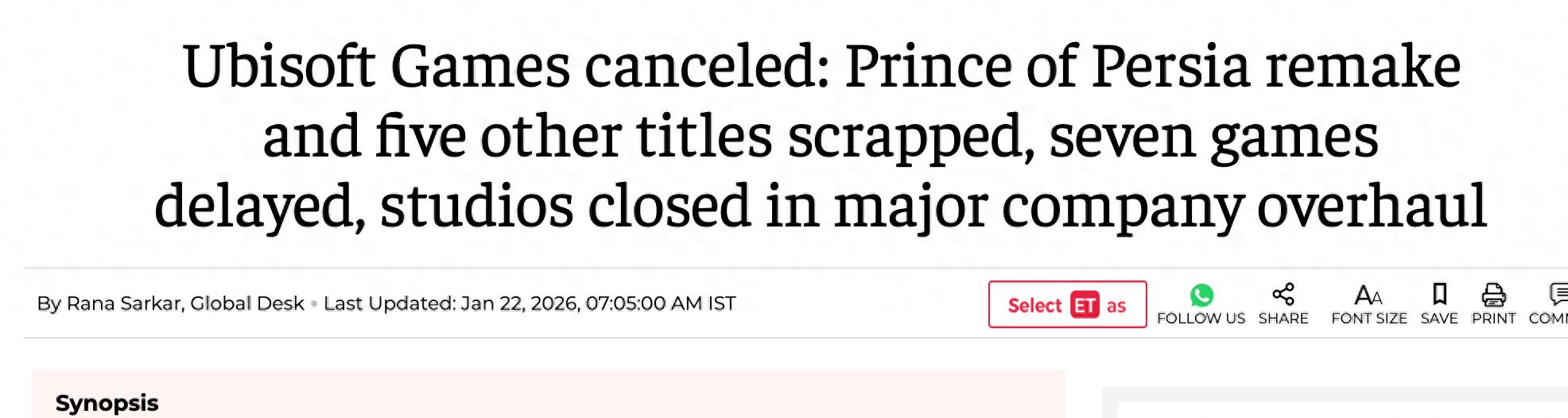 育碧宣布大规模重组，多款游戏取消或延期