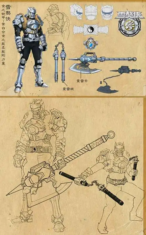 铠甲勇士设计图公开:雪獒侠拥有斧子和双截棍,裂地刀从背部取出